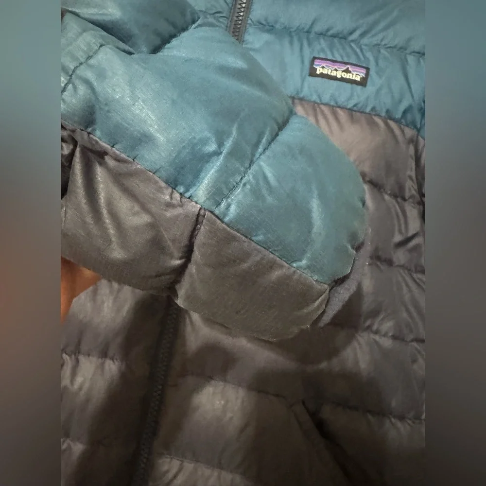 Patagonia Blue and Brown Puffer Jacket with Geometric Design